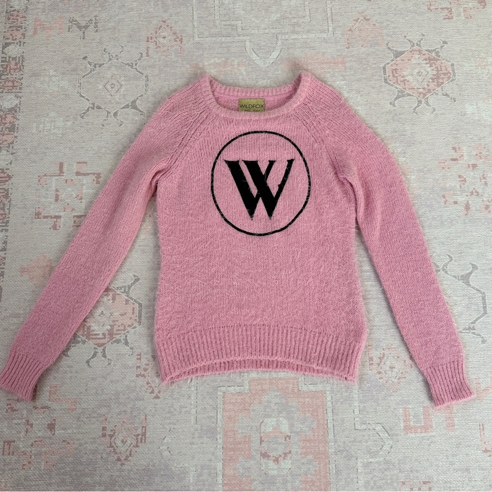 Wildfox Pink Fuzzy Knit Logo Crewneck Sweater | Size S